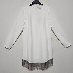 Gianni Bini Dress 10Medium White Mini Long Sleeve Round Neck Crystal Fringes 883